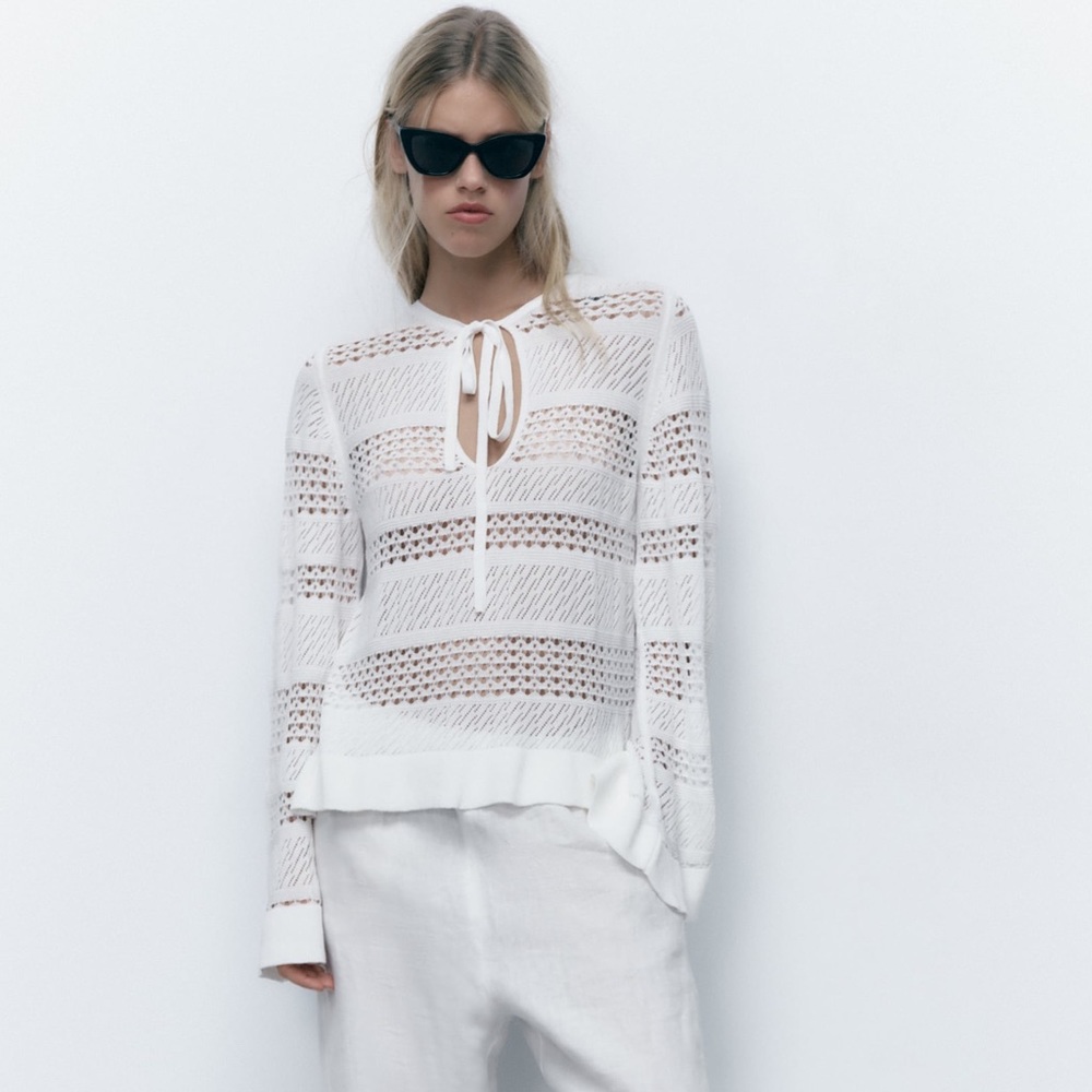 Zara POINTELLE KNIT TOP. White. Size S. New with tags.